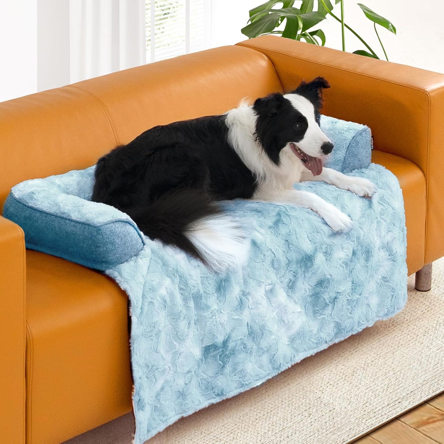 Calming Extra Large Dog Couch Bed for Dogs, 45 x 37 inch Waterproof Removable Pet Mat Couch Cover for Furniture Protector, Non-Slip Fluffy Pelsbarn Dog Bed for Couch, Sofa, Car - Tie-Dye Blue