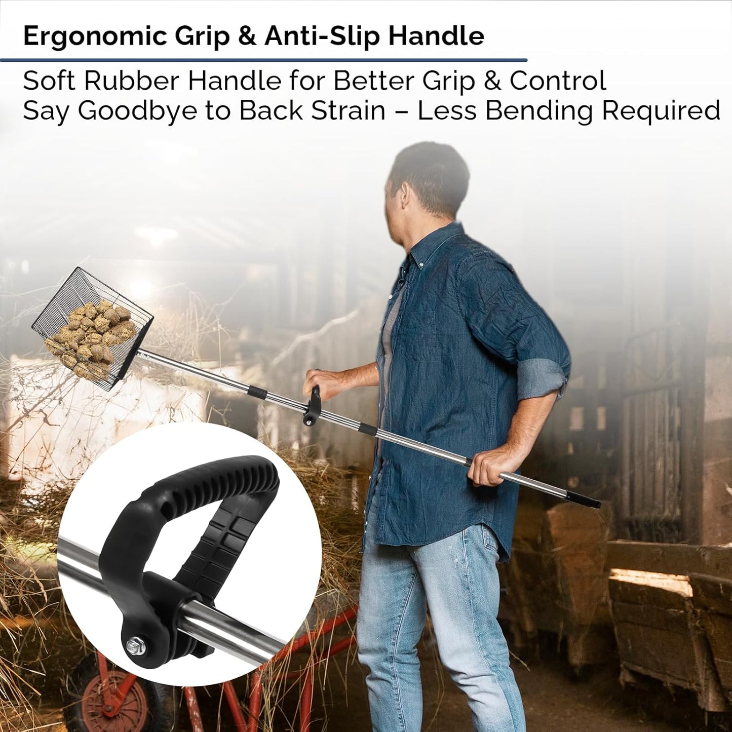 15" Extra-Wide Chicken Poop Scooper โ Ergonomic Adjustable Handle (24-70in), Stainless Steel Sifting Shovel Deep Litter Cleaning for Chicken Coops, Goat - Chicken Coop Scoop for Sand, Straw, Hemp