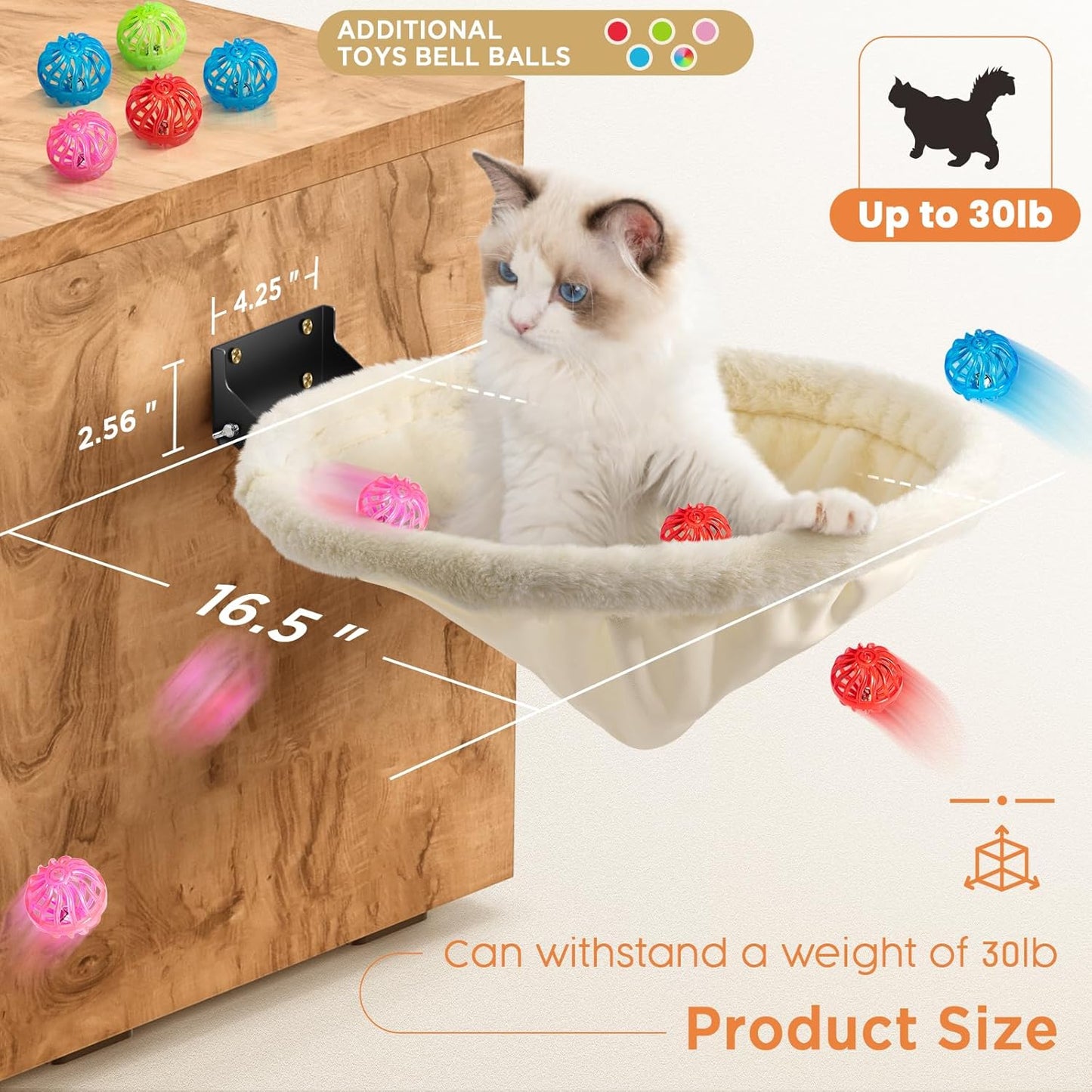 Cat Hammock Wall Mounted, Foldable & Stable Cat Beds- Breathable Cats Wall Shelves for Sleeping, Playing, Climbing, and Lounging - Maximum Hold Up to 30lb(Cream,Faux Rabbit Fur)