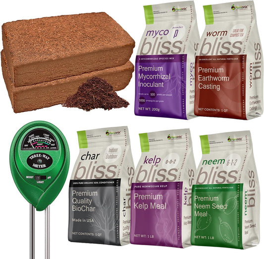 Coco Coir 650gm Bricks + Worm Castings + Mycorrhizal Inoculant + Neem Meal Fertilizer + Organic Biochar for Plants - All Natural Soil Amendments for Plants - Organic Coco Coir for Plants & Gardening