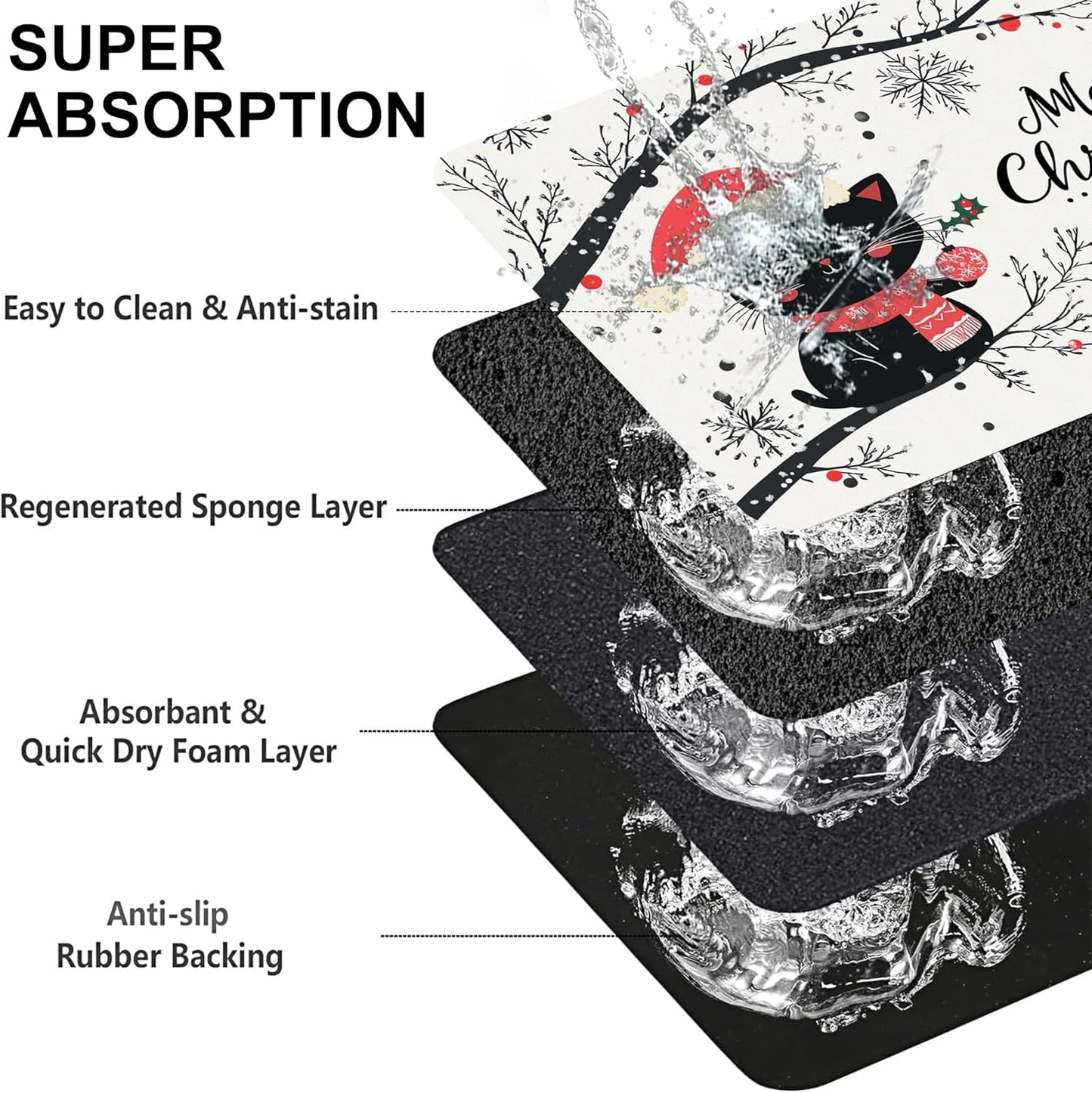 Christmas Black Cat Pet Feeding Mat-Quick Dry Absorbent Dog Cat Food Mat, Anti-Slip Water Bowl Mats for Messy Eaters-No Stains Indoor Pet Accessories 12"x20"