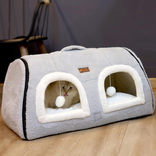 Cat Bed for Indoor Cats,Foldable cat cave,Anti-Slip & Water-Resistant Bottom,cat Houses for Indoor Cats or Small Dogs, Kitten Tent, Rabbit Double Hole Bed:(27.5"×15.3"×15.3"