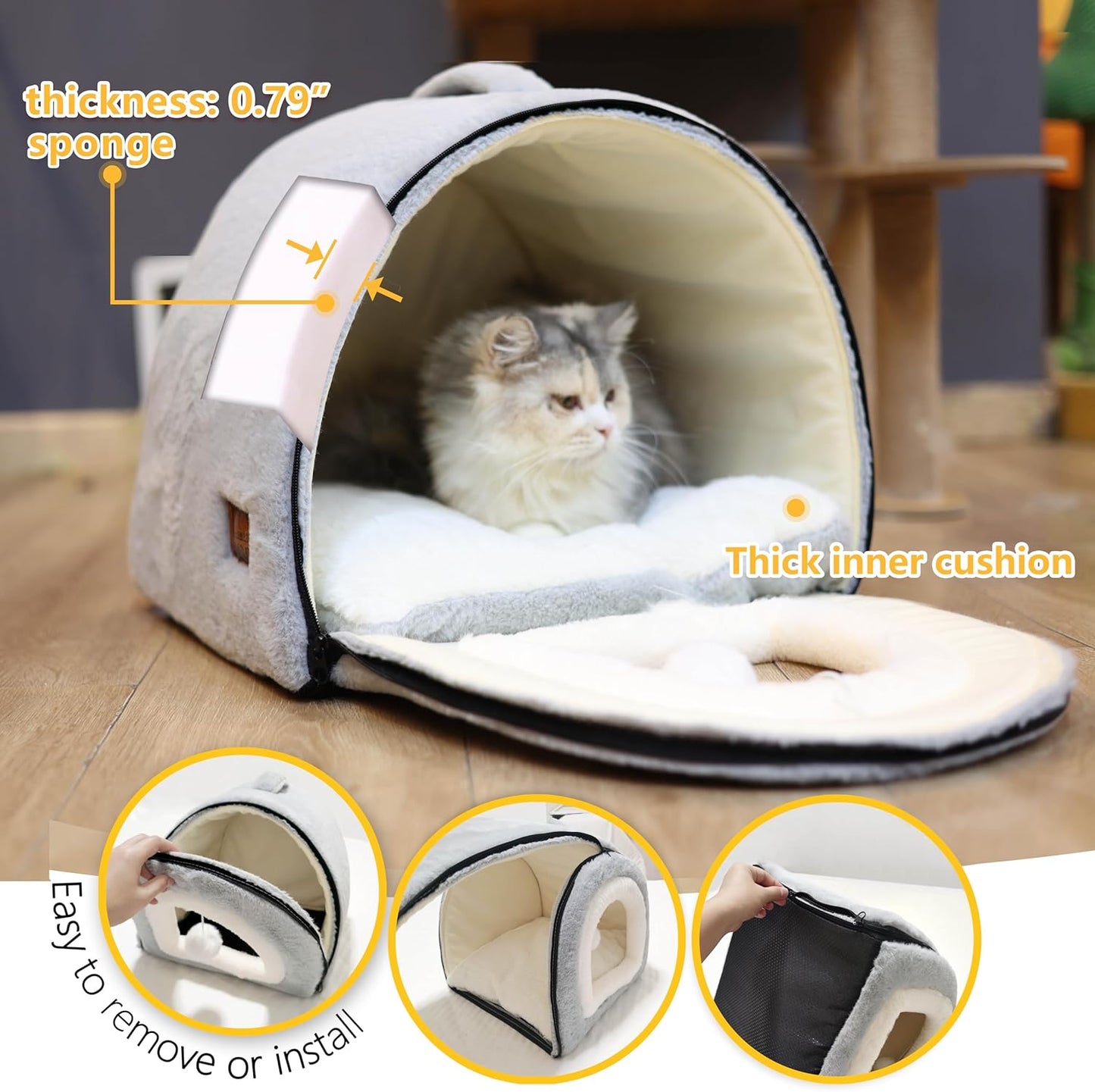 Cat Bed for Indoor Cats,Foldable cat cave,Anti-Slip & Water-Resistant Bottom,cat Houses for Indoor Cats or Small Dogs, Kitten Tent, Rabbit Bed,2 in 1 pet Bed (Grey)