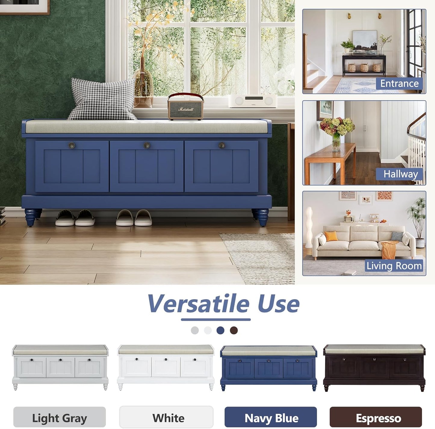 Classic Shoe Storage Bench with Cushion and Three Drawers, Fluted Entryway Bench with Storage for Entryway, Living Room, Hallways 44.0" L x 15.9" W x 18.9" H Antique Navy
