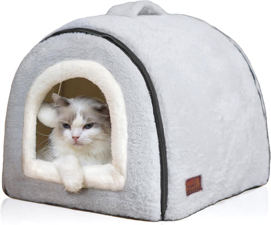 Cat Bed for Indoor Cats,Foldable cat cave,Anti-Slip & Water-Resistant Bottom,cat Houses for Indoor Cats or Small Dogs, Kitten Tent, Rabbit Bed,2 in 1 pet Bed (Grey)
