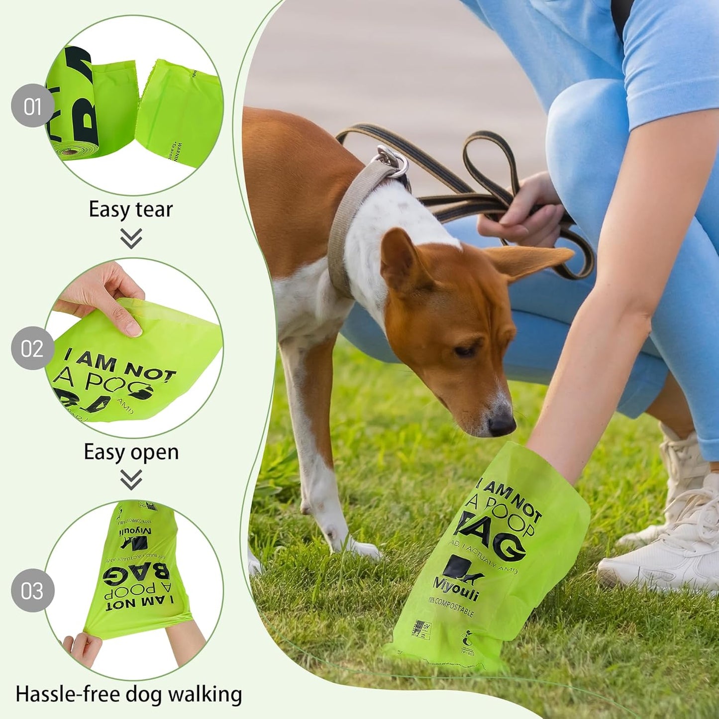 100% Certified Compostable Dog Poop Bag Rolls, 120 Bags (8 Rolls) Eco-Friendly Poop Bags for Dogs, Leak Proof Unscented Easy Open Poop Waste Bag(Green)