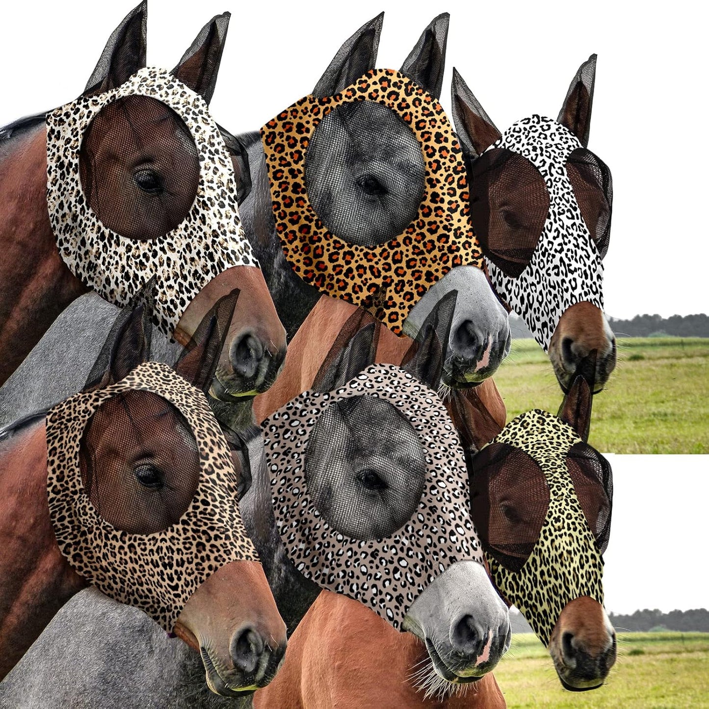 Chunful 6 Pcs Horse Fly Masks with Ears Smooth and Comfortable Cashel Mesh Fly Mask Elasticity Breathability UV Protection Horse Face Covering for Riding Supplies(Leopard,Medium)