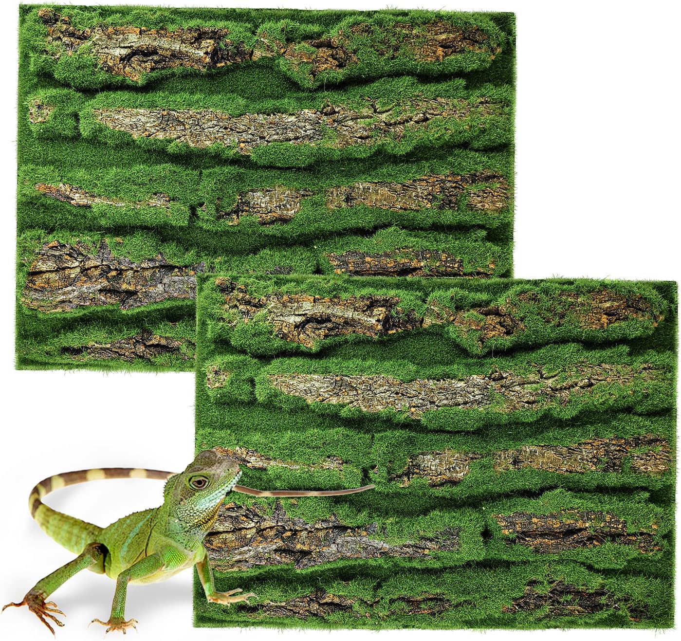 15.75x11.81in Reptile Terrarium Cork Background,Bearded Dragon Tank Bark Backdrop Wall Decor with Artificial Moss for Gecko Lizard Tortoise Frog Chameleon(2Pcs)