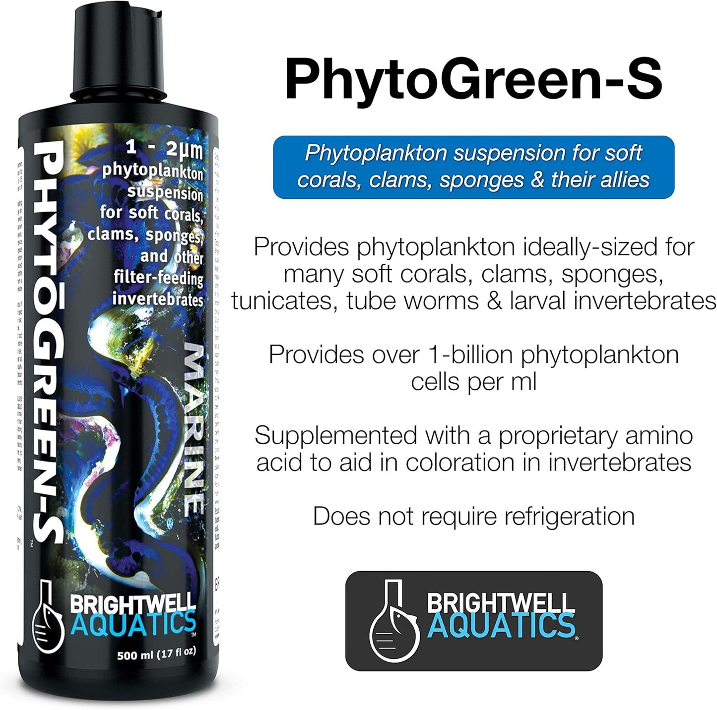 Brightwell Aquatics PhytoGreen S - Phytoplankton Suspension for Soft Corals, Clams, Sponges & Other Filter-Feeders, 125 ml