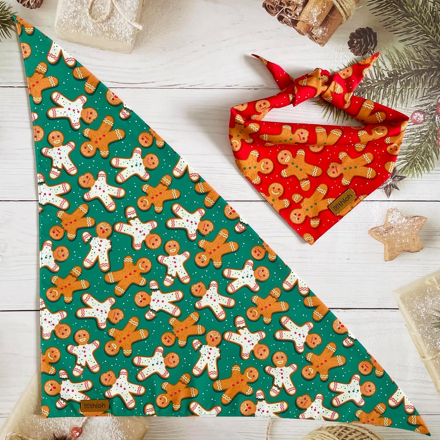 Christmas Dog Bandanas - 2 Pack Reversible Gingerbread Man Dog Scarf for Boy & Girl, Premium Durable Fabric, Festival Dog Bib, Holiday Bandana for Large & Extra Large Dogs (X-Large)