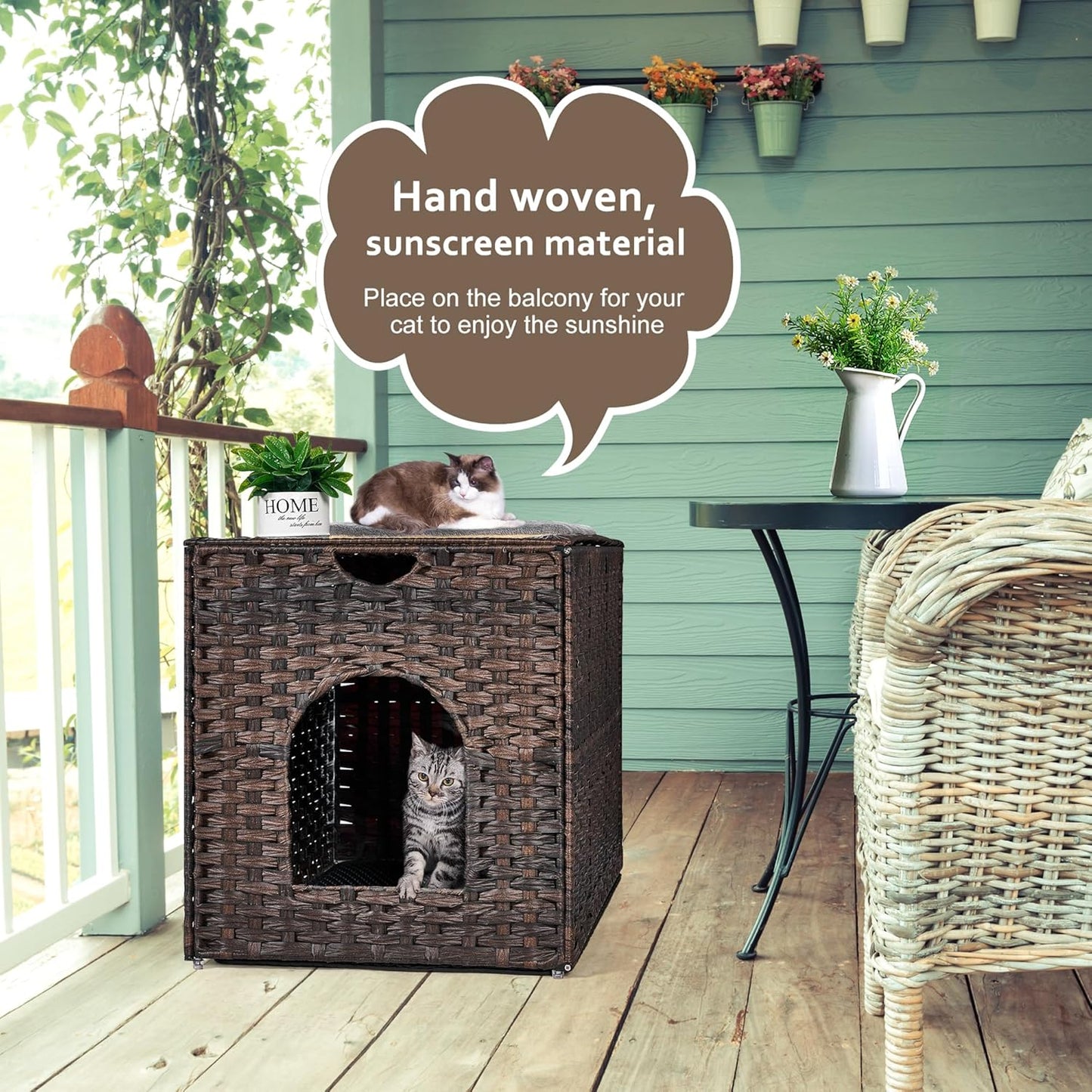 Cat Litter Box Enclosure with Litter Trapping Mat; Handwoven Plastic Rattan Kitten House; No Installation Hidden Cat Washroom; Pet Crate for Balcony,Bedroom,Living Room