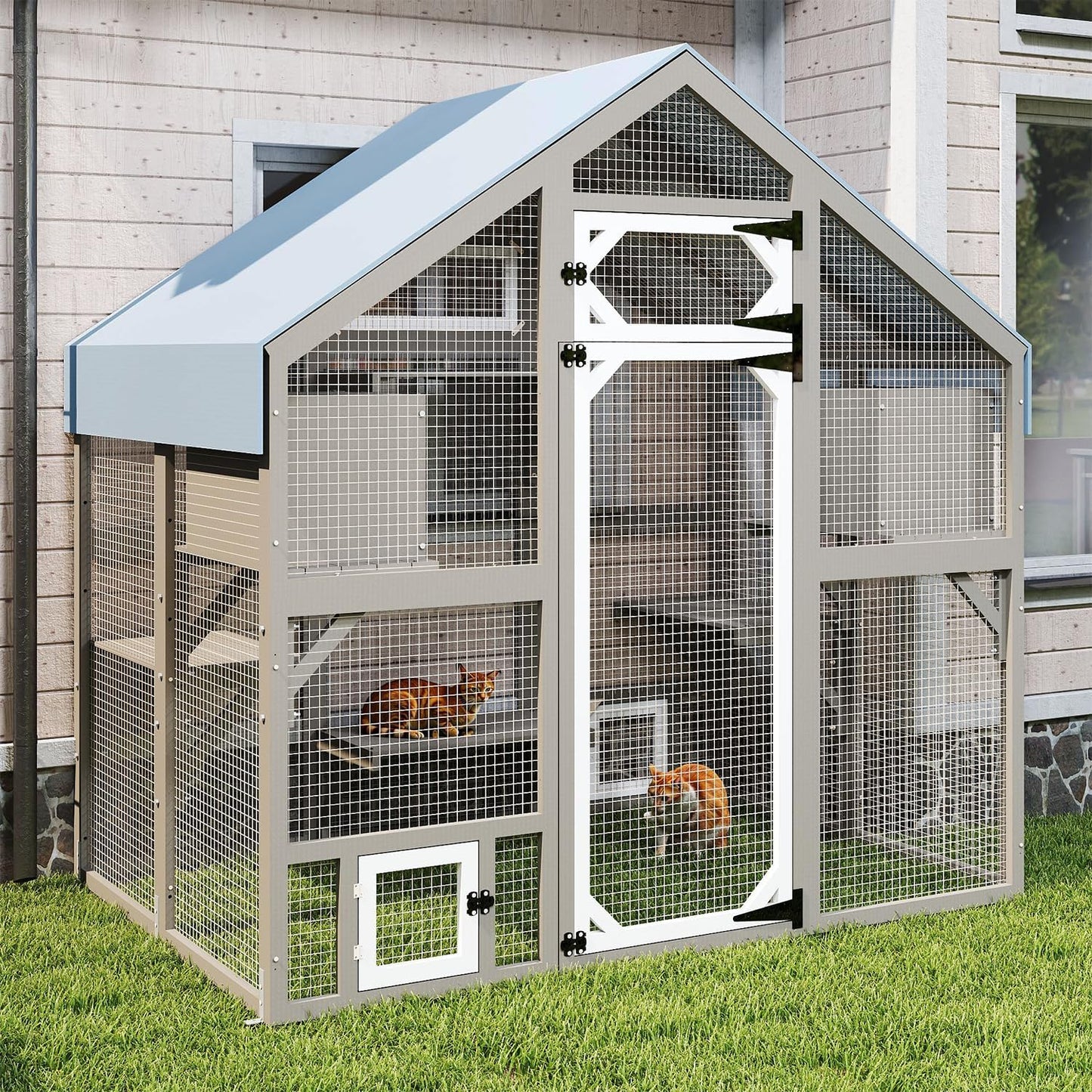 Cat Catio Outdoor Enclosure for Multiple Cats, Large Wooden Walk-in Cat House with Window Connection, 2 Condos, Platforms, Doors, and Weatherproof Roof Cover (69.5" L x 47" W x 71" H)