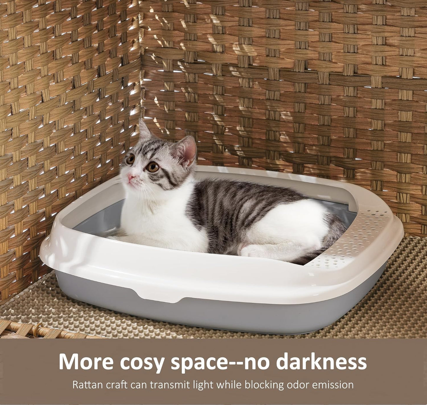 Cat Litter Box Enclosure with Soft Litter Mat; Hidden Cat Washroom Furniture with Door; Handwoven Rattan Kitten House with Large Space; Pet Crate for Living Room, Bedroom, Balcony (Natural)