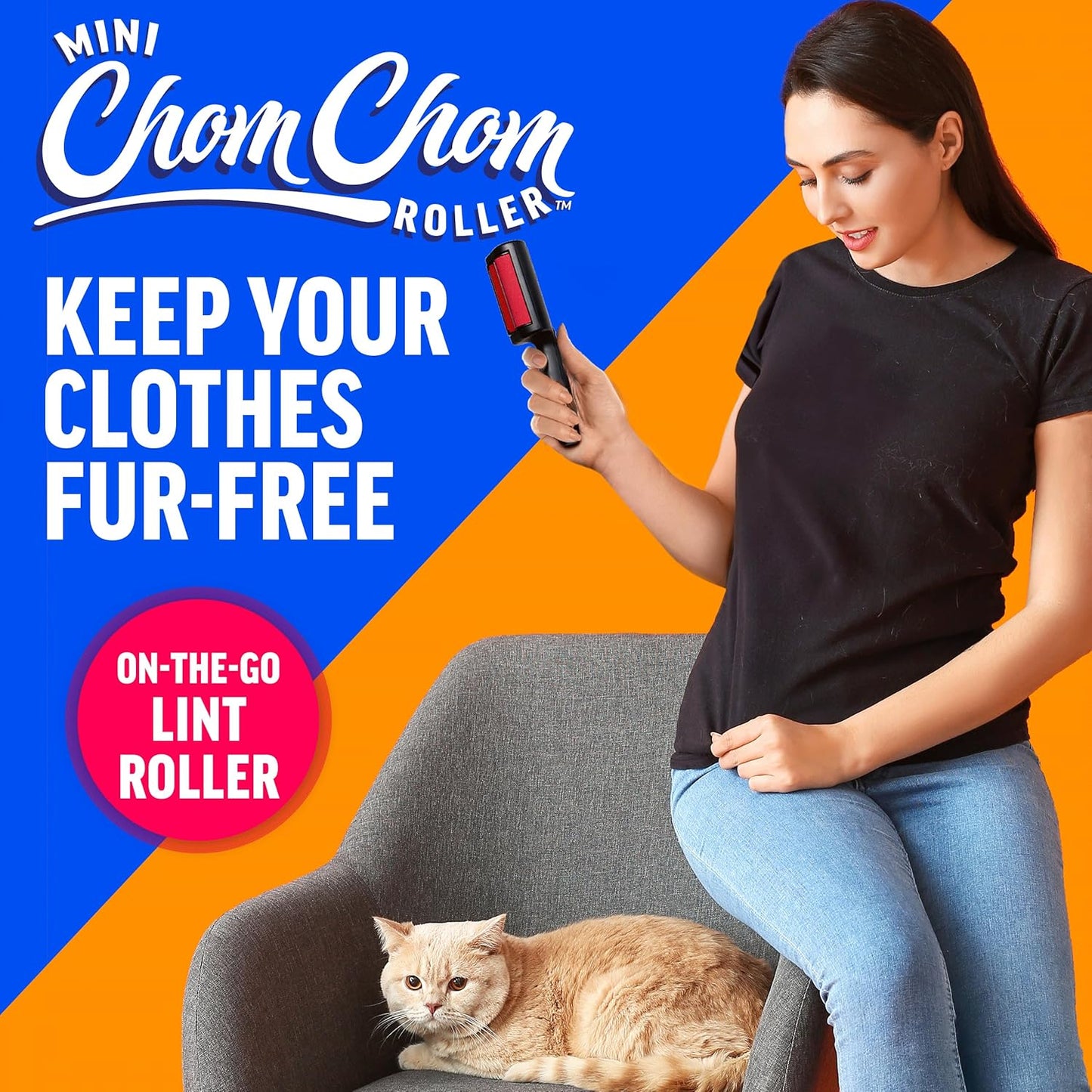 ChomChom Roller for Pet Hair - Reusable Lint Roller Pet Hair Removal Tool for Clothes, Couches, Cars and Travel - Cat Dog Hair Remover, Compact, No Sticky Refills Needed (Mini)