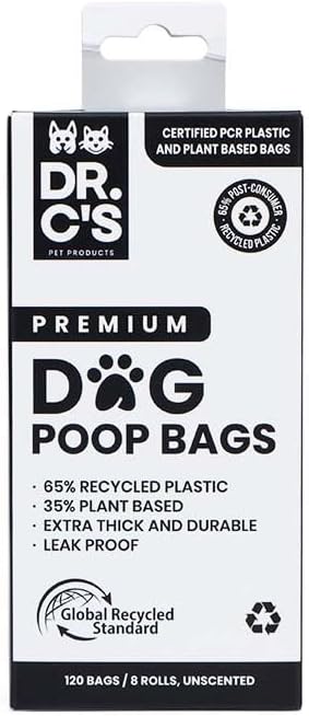 Certified 65% PCR (Post Consumer Recycled) Plastic and 35% Plant Based Dog Poop Bags - Dr. C's Premium Dog Poop Bags - 120 Bags / 8 Rolls, Extra thick, Leak Proof, Unscented, Earth Friendly