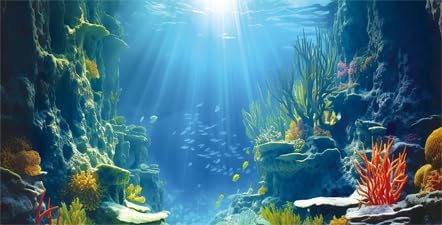 30X18IN Blue Sea Floor Aquarium Background, Natural Underwater World 3D Effect Fish Tank Decorations Background, Art Terrarium Background with 8 EVA Double-Sided Tape