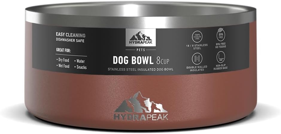 Hydrapeak Dog Bowl; Non Slip Stainless Steel; Water and Food Dish; Large Sized and Small Dogs; 32oz 64oz; Multiple Sizes | 8 Cup | Gingerbread