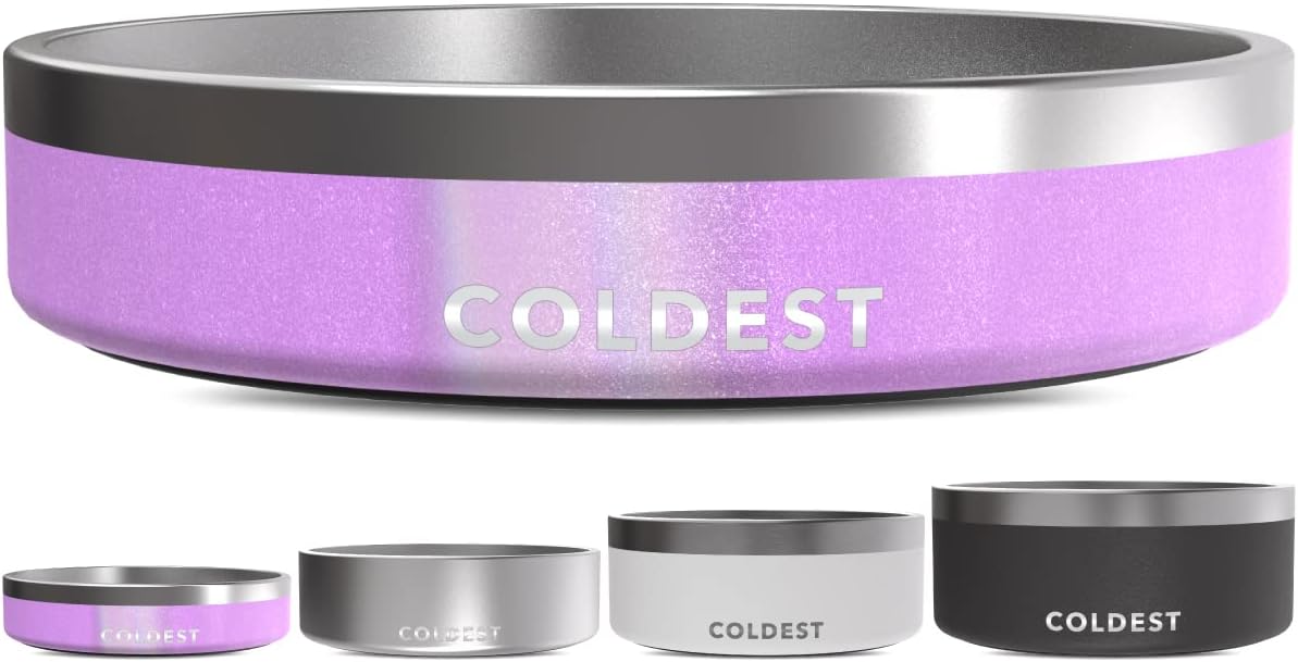 Coldest Dog Bowl - Anti Rust Metal, Non Slip, 3 Layers Insulated Stainless Steel Dog Bowls - Spill Proof & Heavy Duty - Water Bowl for Dogs, Cats, Dish Washer Safe (21 oz,Saturn's Moon Purple Glitter)