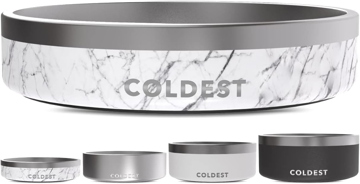 Coldest Dog Bowl - Anti Rust Metal, Non Slip, 3 Layers Insulated Stainless Steel Dog Bowls - Spill Proof & Heavy Duty - Water Bowl for Dogs, Cats & Pets, Dish Washer Safe (21 oz, Carrara Marble)