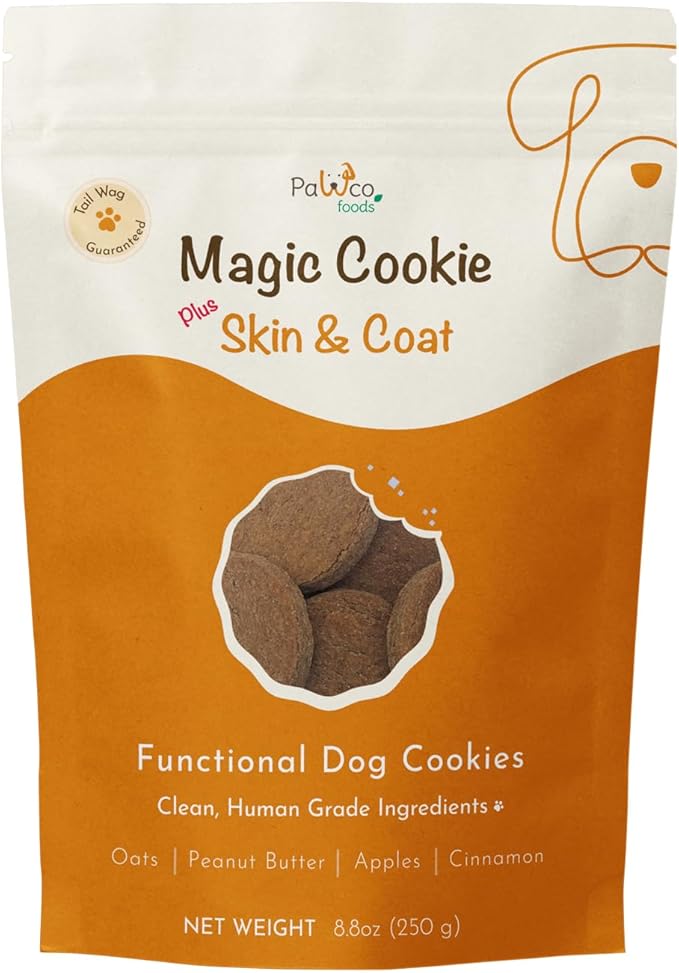 Pawco Dog Treats, Skin & Coat – Supports Skin Barrier & Coat Shine – Crunchy Dog Cookies with Omega-3 & DHA, Peanut Butter & Apple – Functional & Healthy Rewards for Dogs – Magic Cookie – 8.8oz