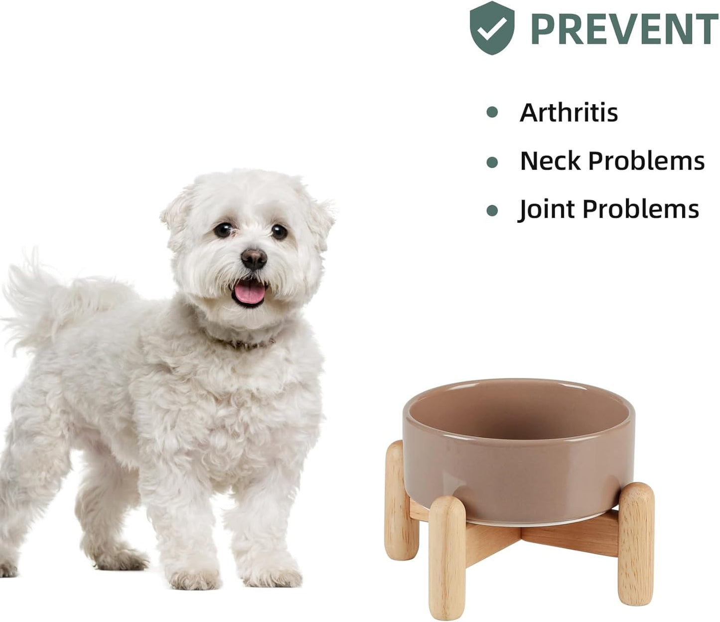 Ceramic 5.1inch Raised Dog and Cat Bowl Set, Elevated with Wooden Stand, Food and Water Bowl for Small Breed Dogs, Cats, Kitty, Weighted Dog Dishes, Pet Bowls(13.5oz, Brown Coffee)