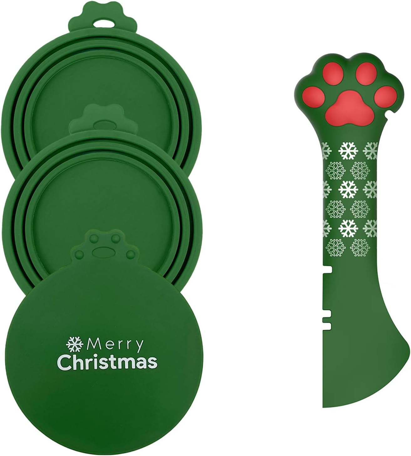 Christmas Pet Set - 3 Cat Food Can Lids & 1 BPA-Free Can Opener | Cute Paw Shape Opener Spatula Spoon for Wet Food | Silicone Spoon & Covers for Dog Cat - Christmas Green