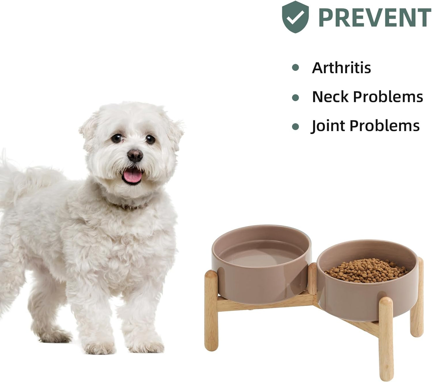 Ceramic 6.1inch Raised Dog Bowl with Stand for Small and Medium Breed Dog Dish Pet Food and Water Bowl (Double Bowl with Stand - Brown Coffee, 28oz)