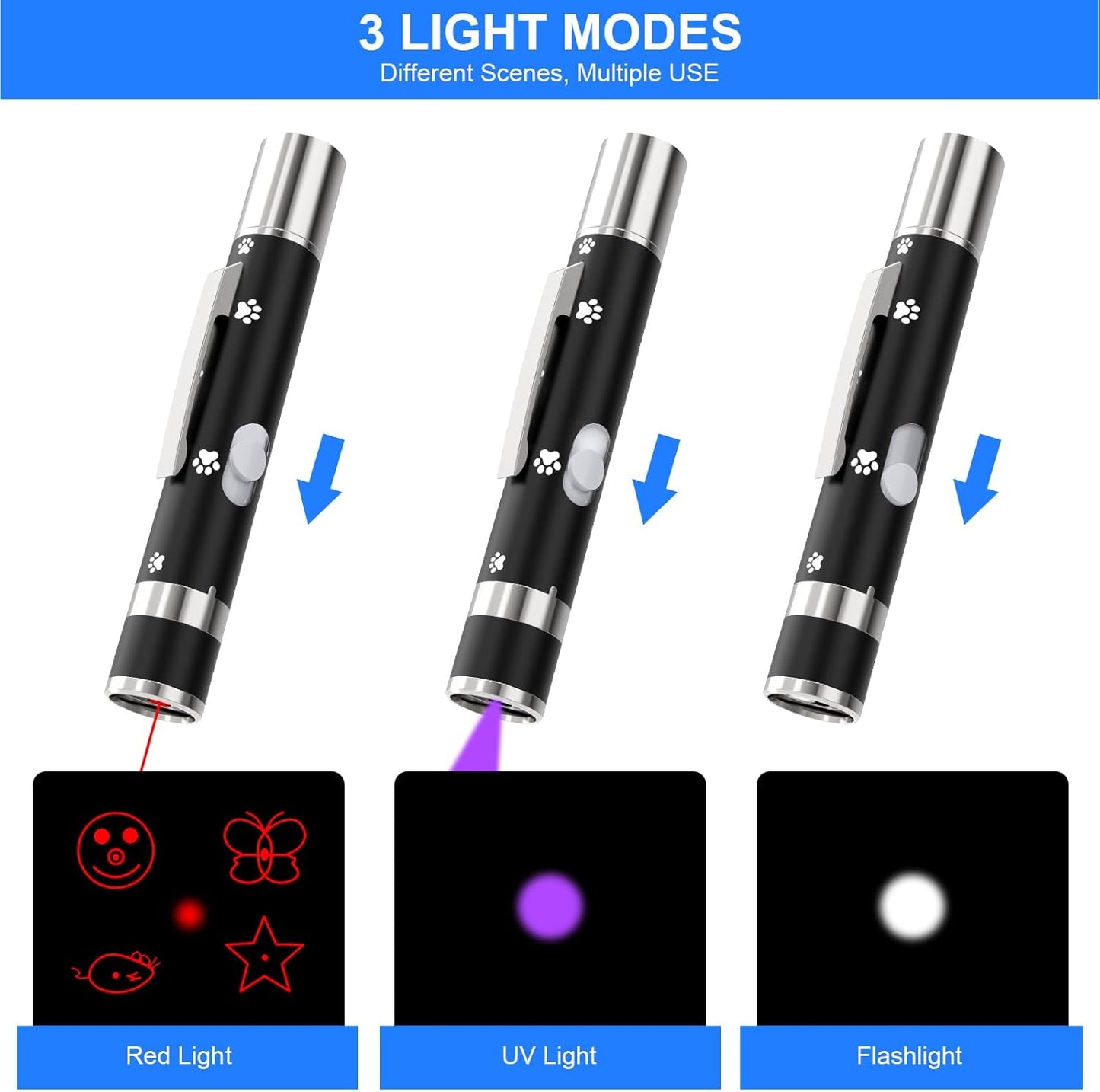 Cat Toys, 2 Pieces, USB Rechargeable Interactive Cat Mouse Toys, 3 Light Modes & 5 Adjustable Patterns, Portable Kitten Toy for Indoor Cats & Dogs, Training & Exercise Fun