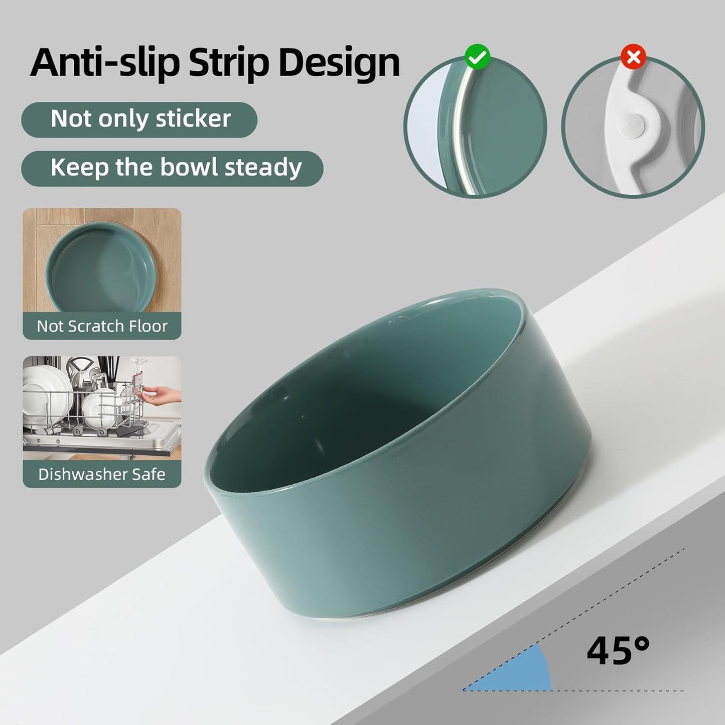 Ceramic 6.1inch Raised Dog Bowl with Stand for Small and Medium Breed Dog Dish Pet Food and Water Bowl (Double Bowl with Stand - Dark Green, 28oz)