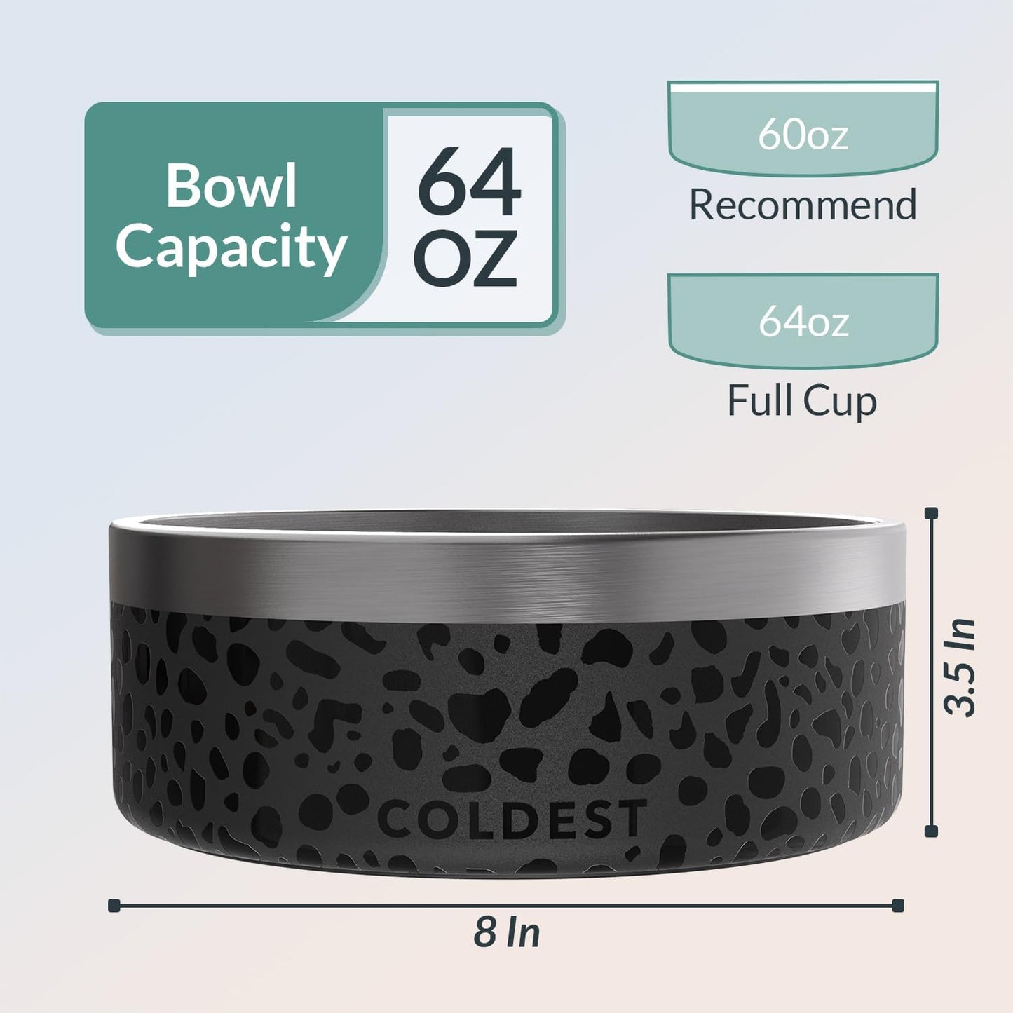 Coldest Dog Bowl - Anti Rust Metal, Non Slip, 3 Layers Insulated Stainless Steel Dog Bowls - Spill Proof & Heavy Duty - Water Bowl for Dogs, Cats & Pets, Dish Washer Safe (64 oz, Black Leopard)