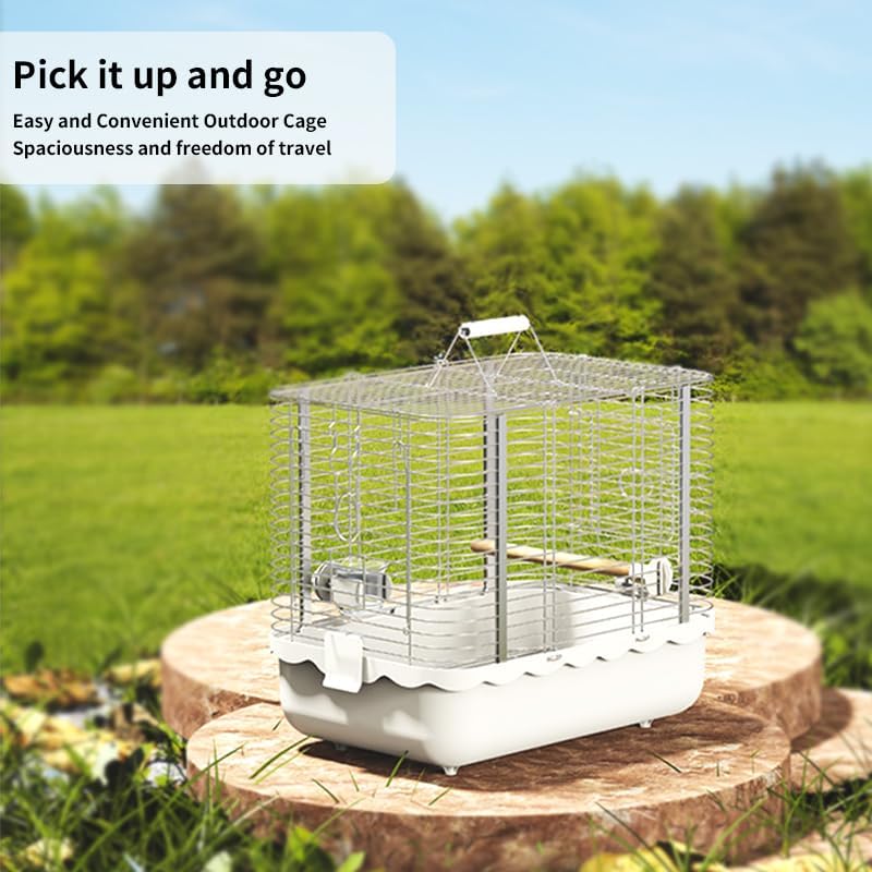 Bird Carrier Travel Cage, Durable Portable Stainless Steel Birdcage with Bird Perch & Feeding Bowl for Parrots Canaries Budgies Lovebirds Conures Cockatiels (Large White)