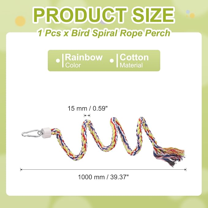 Bird Rope Perch Swing, Spiral Rope Perch Standing Pole Accessory Climbing Swing Paw Grinding 39 Inch, (Rainbow) Intended for Parrot/Parakeet/Budgies/Cockatiels/Lovebirds