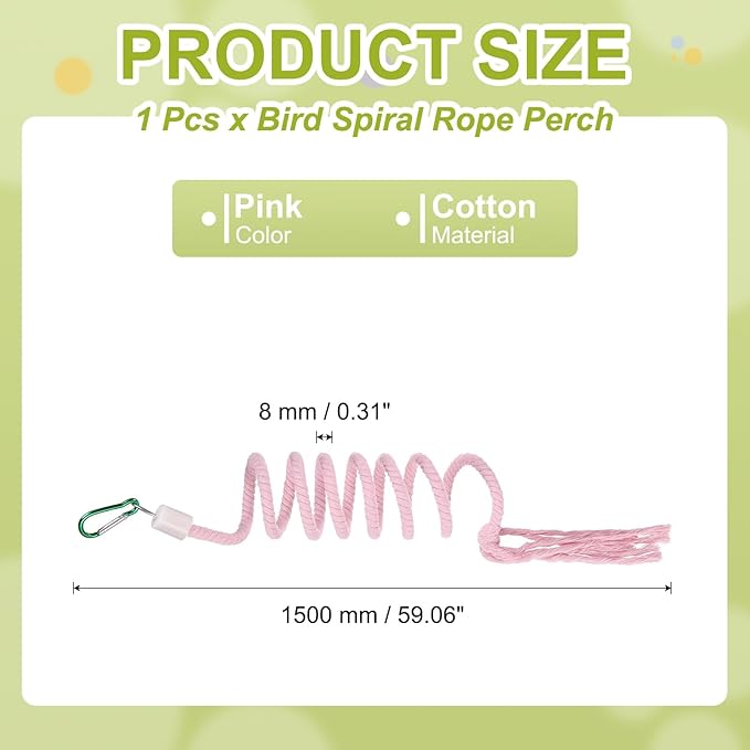 Bird Rope Perch Swing, Spiral Rope Perch Standing Pole Accessory Climbing Swing Paw Grinding 59 Inch, (Pink) Intended for Parrot/Parakeet/Budgies/Cockatiels/Lovebirds