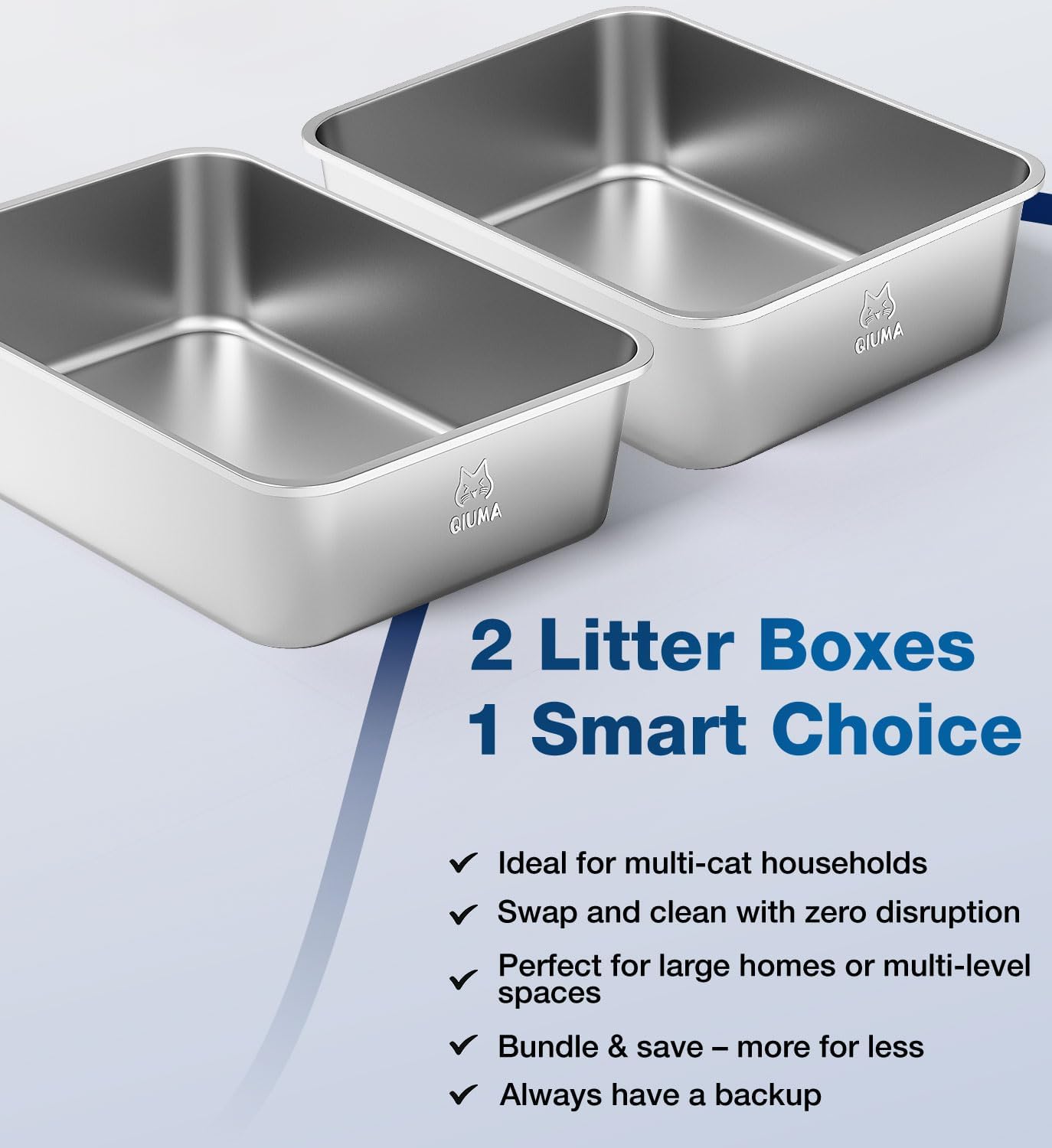 2 Pack Stainless Steel Cat Litter Box, 23.4" L×15.6" W×7.8" H, Metal Kitty Litter Box with High Sided for Big Cats, Non-Stick, Easy to Clean, Odor-Free