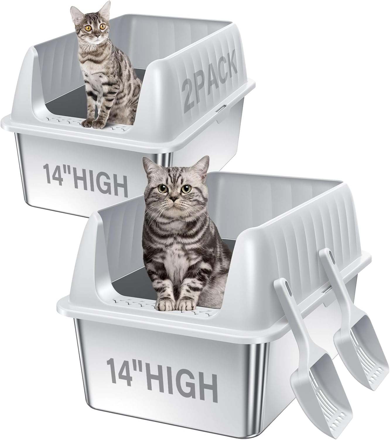 Cat Litter Box Stainless Steel XL with Lid, Enclosed Metal Extra Large Litter Box Pan High Sided with Scoop for Big Cats, Non-Sticky, Anti-Urine Leakage, Easy Cleaning