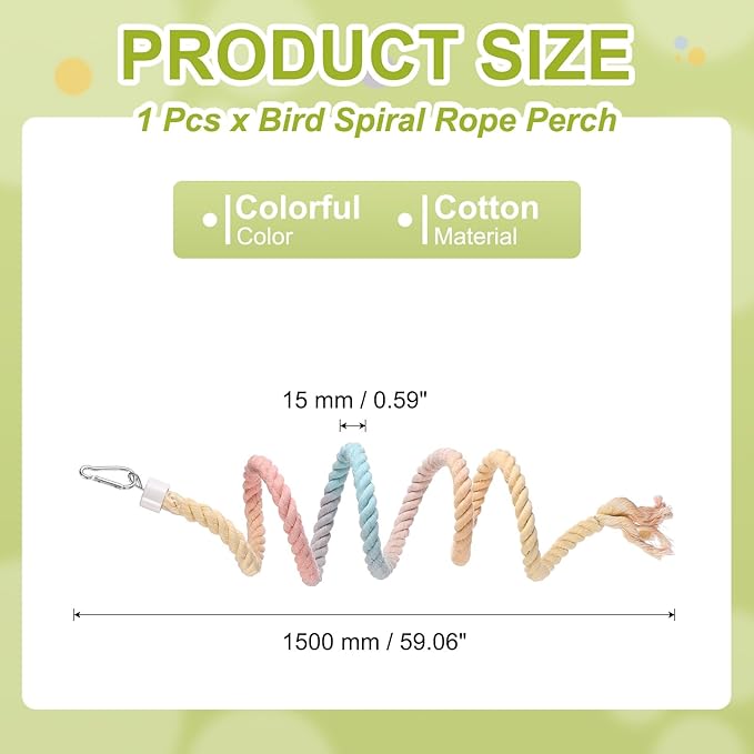 Bird Rope Perch Swing, Spiral Rope Perch Standing Pole Accessory Climbing Swing Paw Grinding 59 Inch, (Colorful) Intended for Parrot/Parakeet/Budgies/Cockatiels/Lovebirds