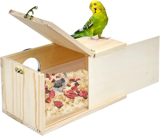 Parakeet Nesting Box Cockatiel Nesting Natural Pine Bird Nest Bird Breeding Box House Acrylic Transparent Bird Box with Detachable Wooden Board for Lovebirds Cockatiel Budgie Conure Parrot S