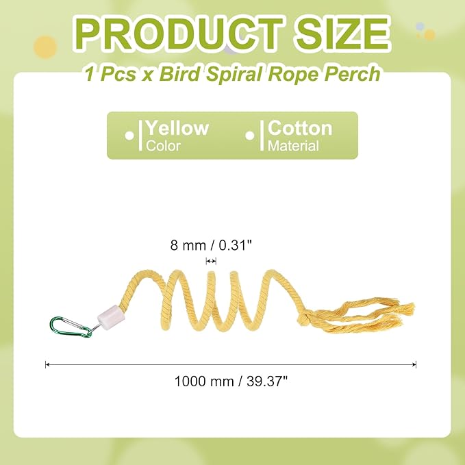 Bird Rope Perch Swing, Spiral Rope Perch Standing Pole Accessory Climbing Swing Paw Grinding 39 Inch, (Yellow) Intended for Parrot/Parakeet/Budgies/Cockatiels/Lovebirds
