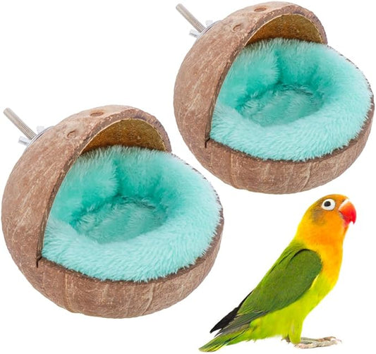 VTurboWay 2 Pack Natural Coconut Shell Parrot Nest Finch House Canary Bed Hanging Toy Breeding Nesting Anti-Pecking Bite with Warm Pad for Cages Sleeping Bird Bed