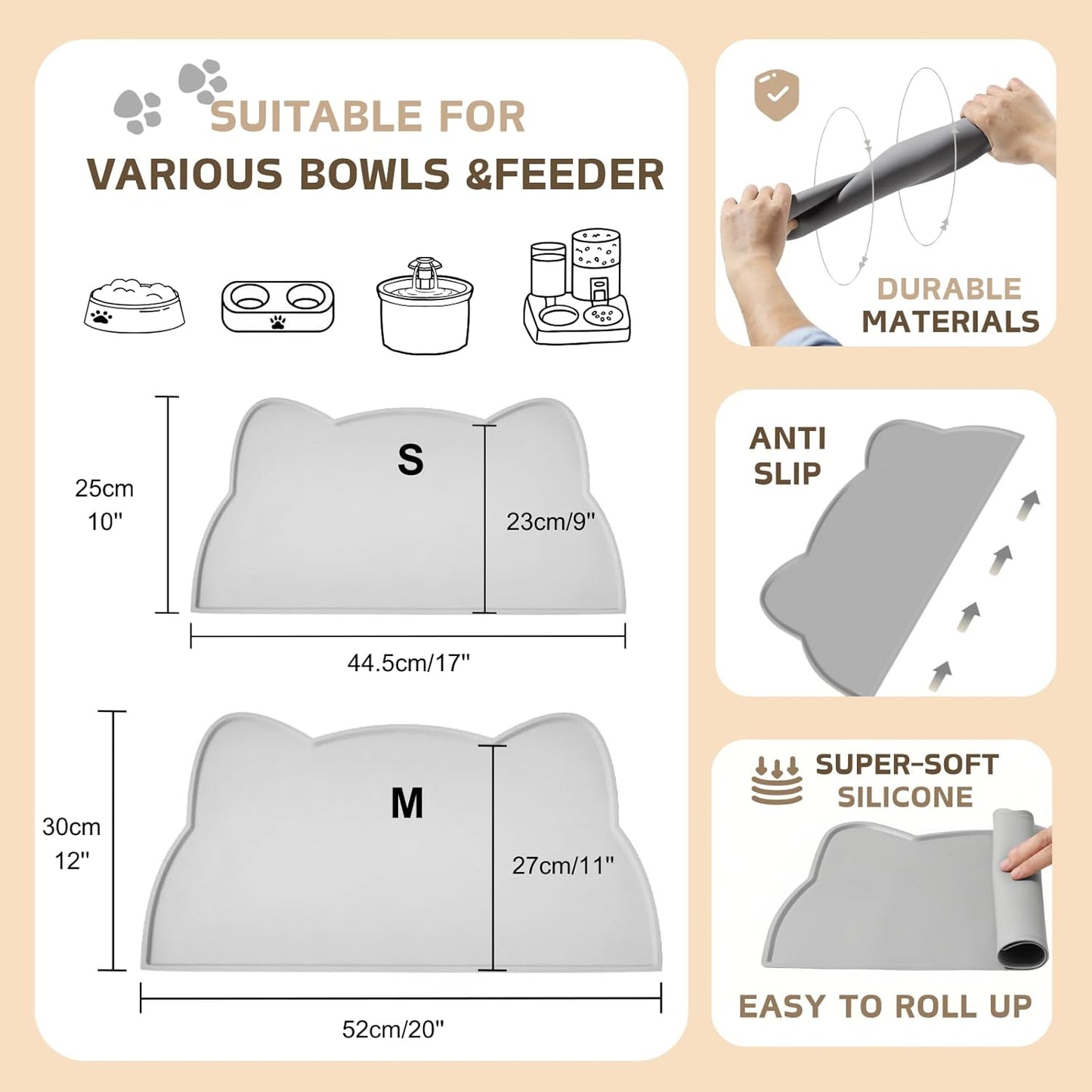 Cat Food Mat, Silicone Pet Feeding Mat for Floor Non-Slip Waterproof Dog Water Bowl Tray Cushion (20" x 12", Tea Rose)