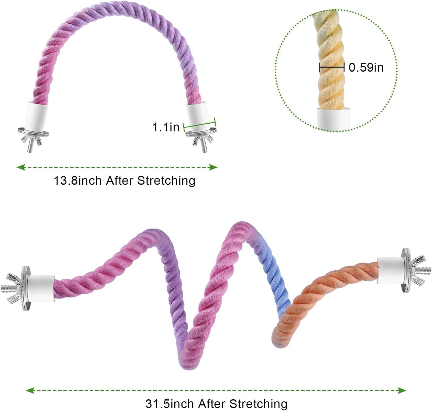 3 Pcs Bird Rope Perches Gradient Color, Bendable Parrot Bird Perch Rope Stand for Cage, Stand Climbing Stand Toy for Cockatiels, Lovebirds, Budgies, Parakeets (2 Short + 1 Long)