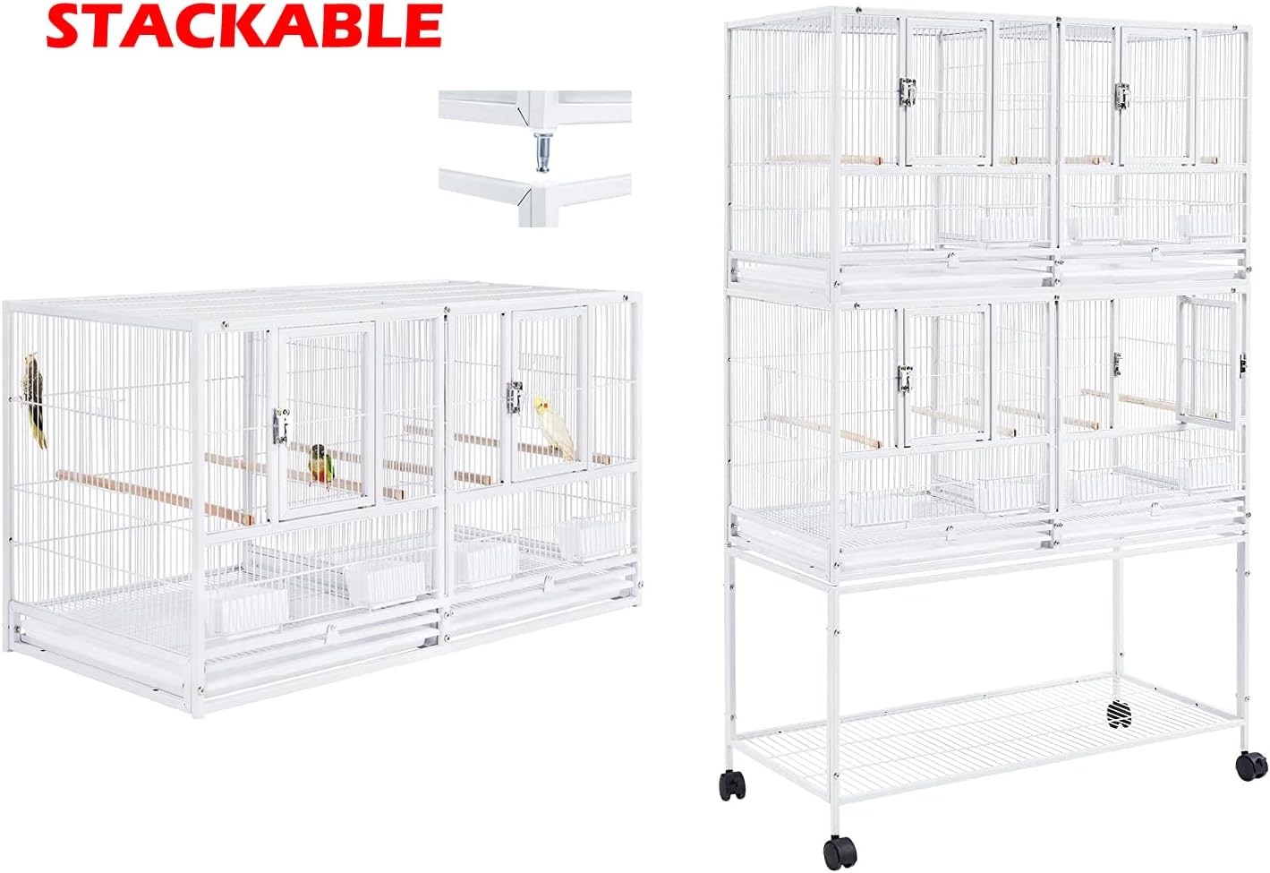 1/2/3-Combo Stacker Center Divided Breeder Breeding Bird Flight Double Rolling Cage for Aviaries Canaries Cockatiels Lovebirds Finches Budgies Small Parrots (White Vein, Three Stacker)