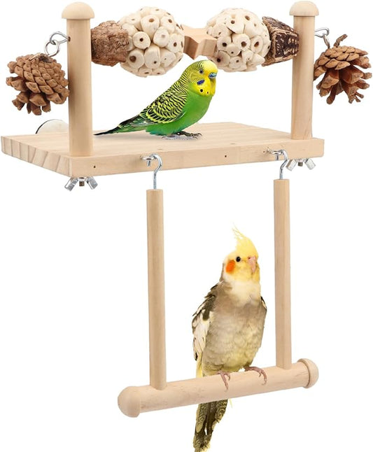 Litewoo Bird Perch Wooden Platform Bird Swing Chew Toys Play Gyms Exercise Stands Hanging Parrot Swinging Perches Conure Cage Accessories for Parrot Parakeet Conure Lovebirds Budgie (Two Sola Balls)
