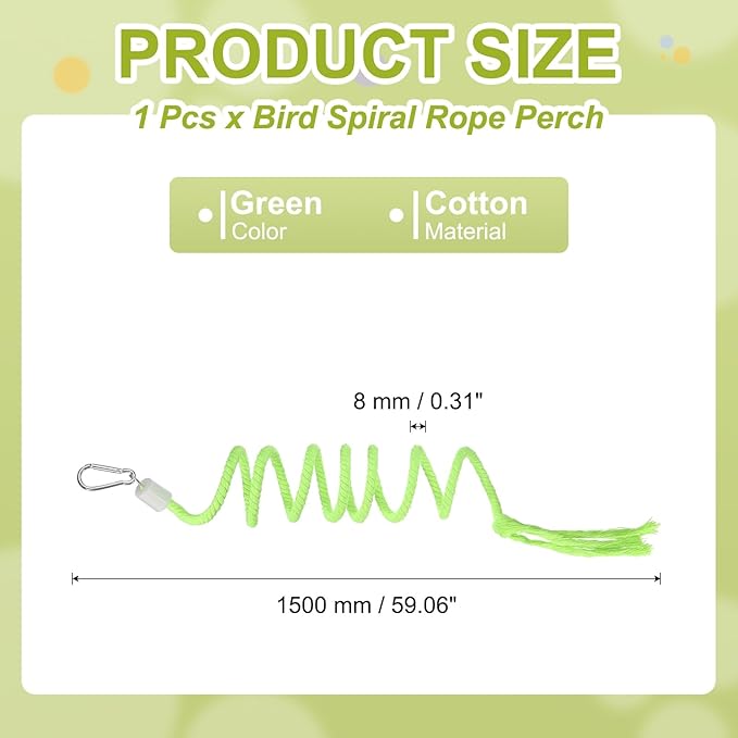 Bird Rope Perch Swing, Spiral Rope Perch Standing Pole Accessory Climbing Swing Paw Grinding 59 Inch, (Green) Intended for Parrot/Parakeet/Budgies/Cockatiels/Lovebirds