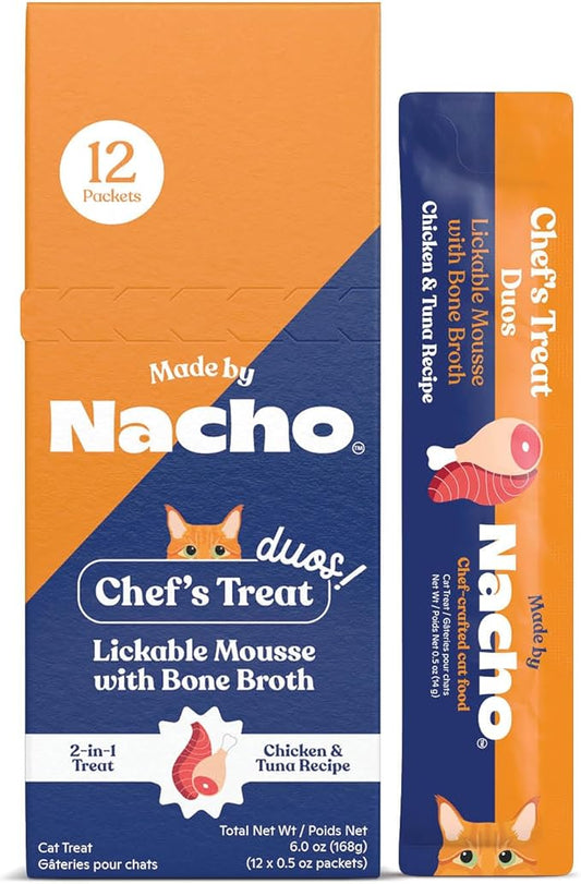 Made by Nacho Lickable Cat Treats Mousse Tubes 12 Count with Bone Broth Chicken and Tuna Recipe (.5 oz) No Grains, Corn, Wheat or Soy
