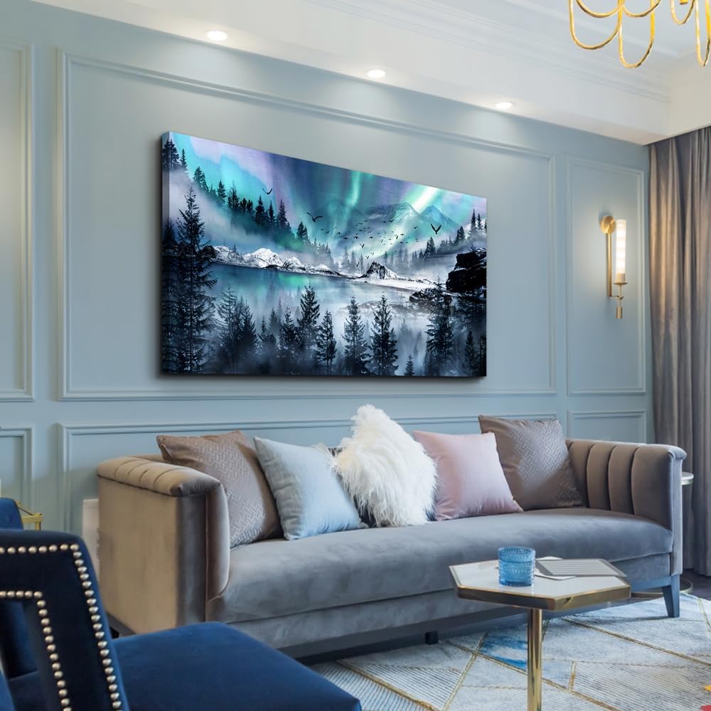 hyidecorart Modern Canvas Wall Art For Office Large Wall Decorations For Living Room Stretched And Framed Canvas Prints Paintings Blue Aurora Scenery Wall Pictures Artwork Hotel Mural Ready To Hang