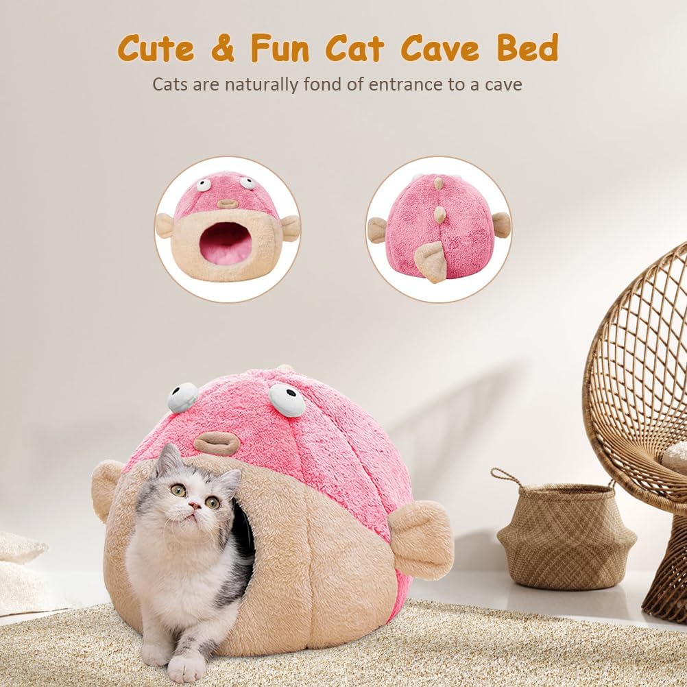 Cat Beds for Indoor Cats - Cat Bed Cave with Removable Washable Cushioned Pillow, Soft Plush Premium Cotton No Deformation Pet Bed, Lively Pufferfish Cat House Design, Pink, Multiple Sizes(M)