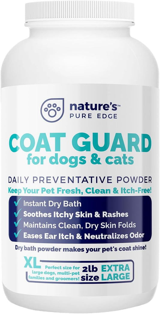 Coat Guard Dry Shampoo for Dogs and Cats - Extra Large 2 lbs Jar, Dog Dry Shampoo Powder, Waterless Dog Shampoo, Anti Itch Relief, Cedar Scented, Anti Dandruff, Hot Spots, Nature's Pure Edge