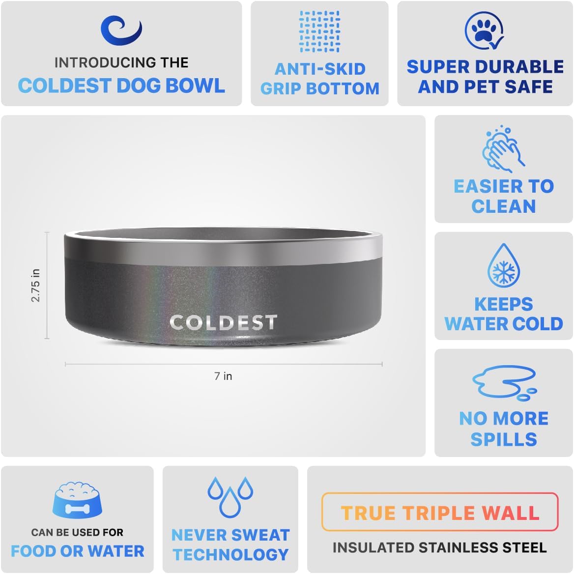 Coldest Dog Bowl - Anti Rust Metal, Non Slip, 3 Layers Insulated Stainless Steel Dog Bowls - Spill Proof & Heavy Duty - Water Bowl for Dogs, Cats & Pets, Dish Washer Safe (42 oz, Stardust Glitter)