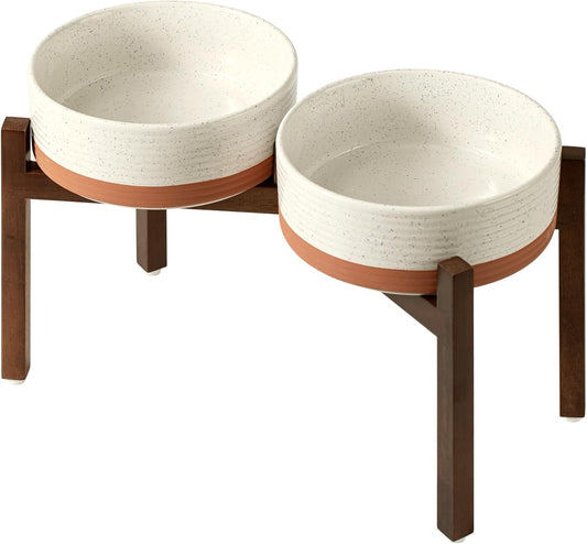 Ceramic 8.2inch Raised Double Dog Bowls Set with Acacia Wood Stand, Food & Water Bowls for Large Breed Dogs, Weighted Pet Dishes(60oz, Vanilla White)